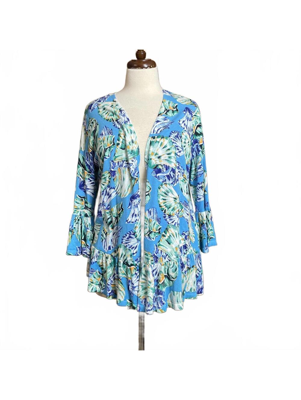 Chico's  Summer Romance Cardigan in a blue medallion-shell print 1X